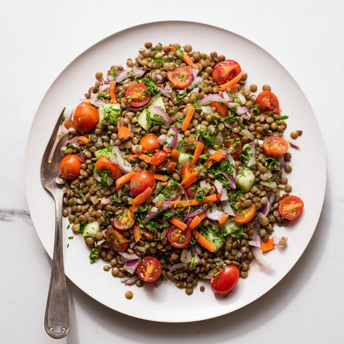 Fresh French lentil salad with cherry tomatoes and herbs coated in lemon vinaigrette