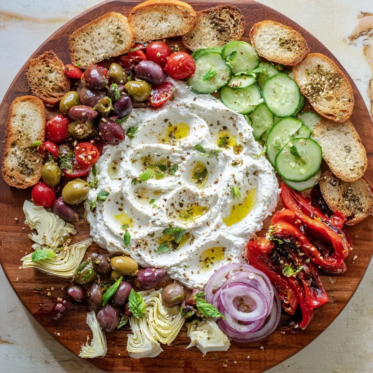 Creamy Mediterranean ricotta board with colorful vegetables, fresh herbs, and toasted baguette slices