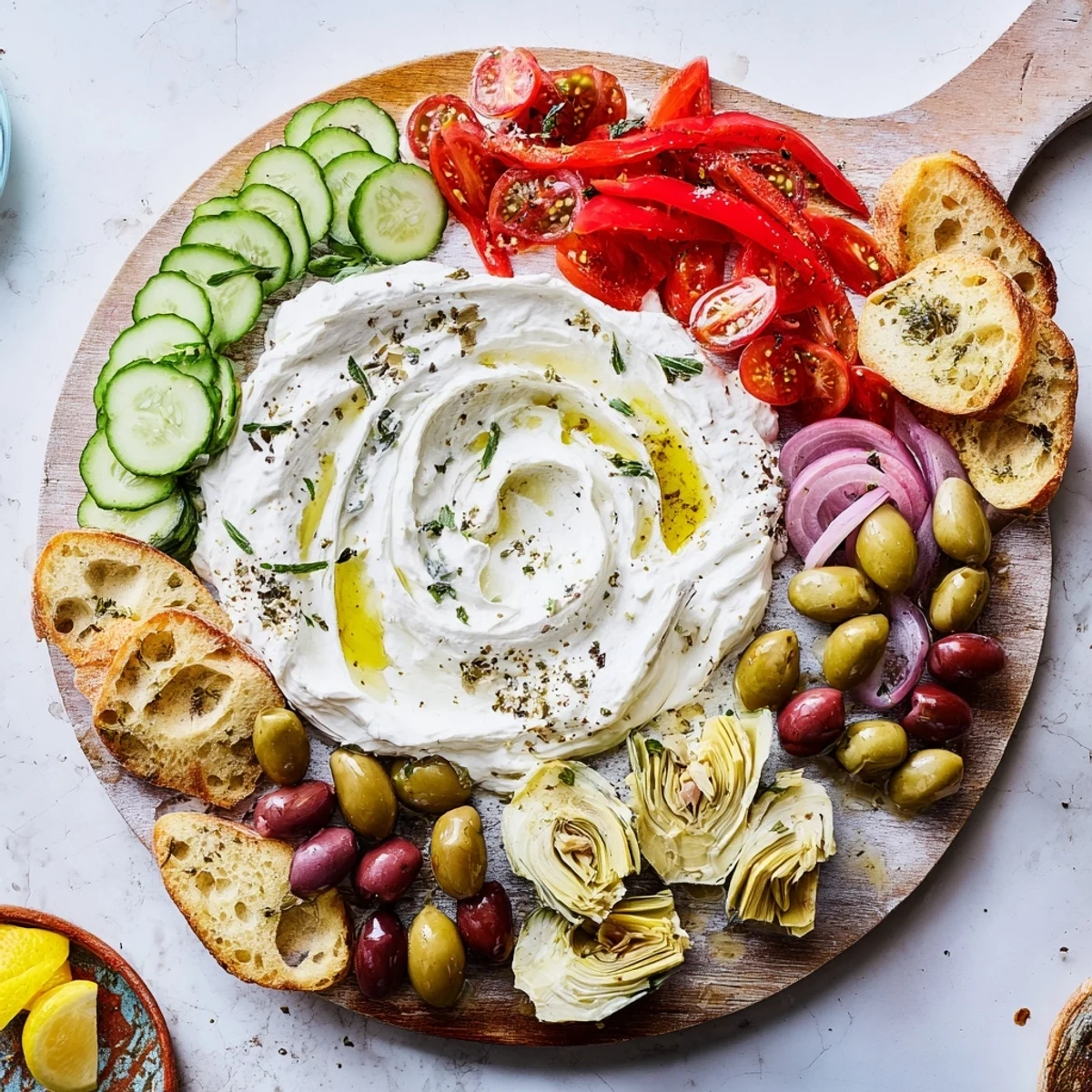 Shareable Mediterranean ricotta board topped with cherry tomatoes, cucumber, and fragrant basil garnish
