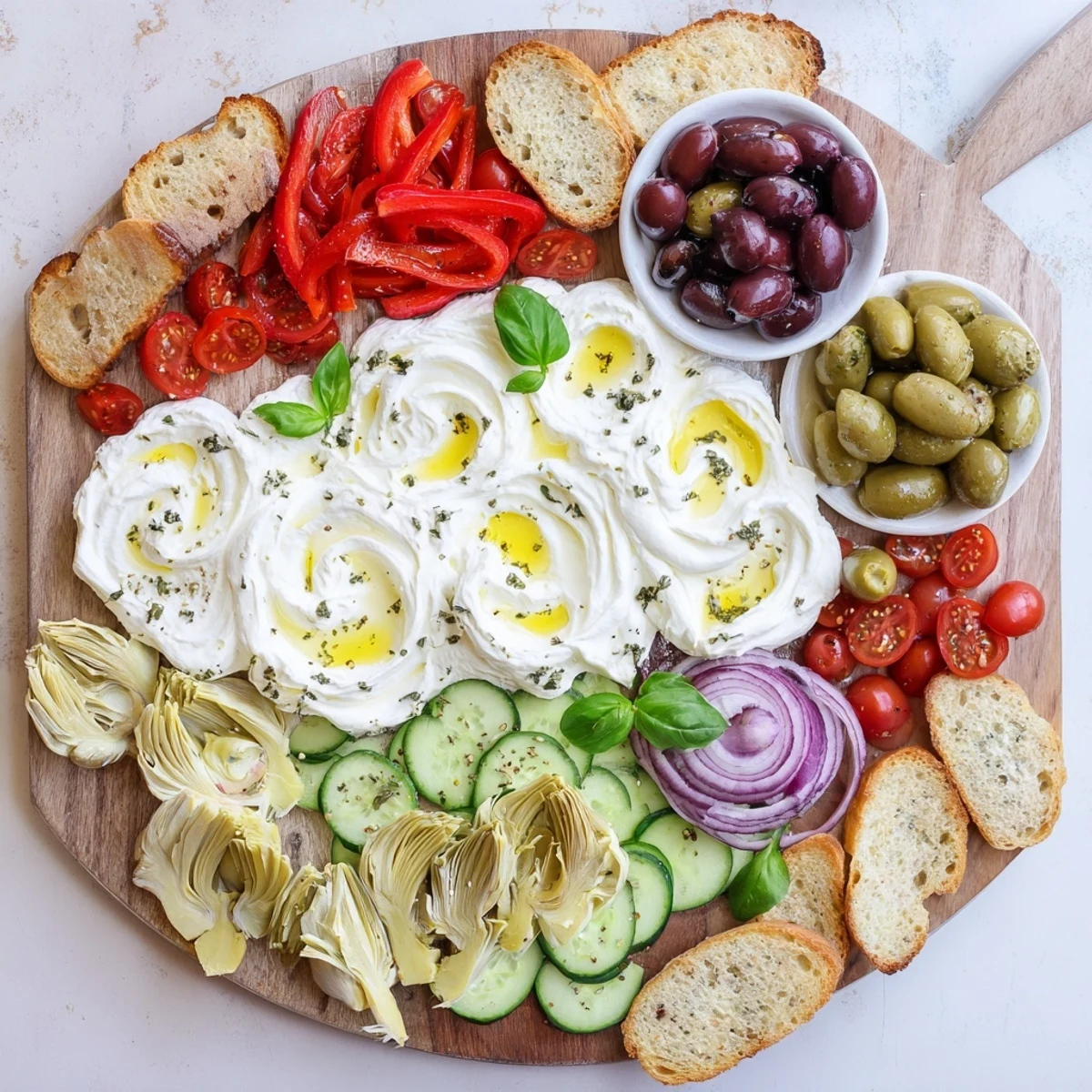 Vibrant Mediterranean ricotta platter featuring roasted peppers, olives, artichokes, and seasonal fresh produce