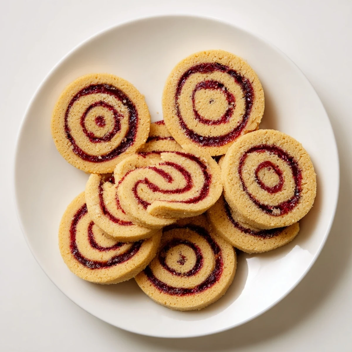 Festive orange cranberry pinwheel cookies arranged on a decorative serving plate with powdered sugar dusting