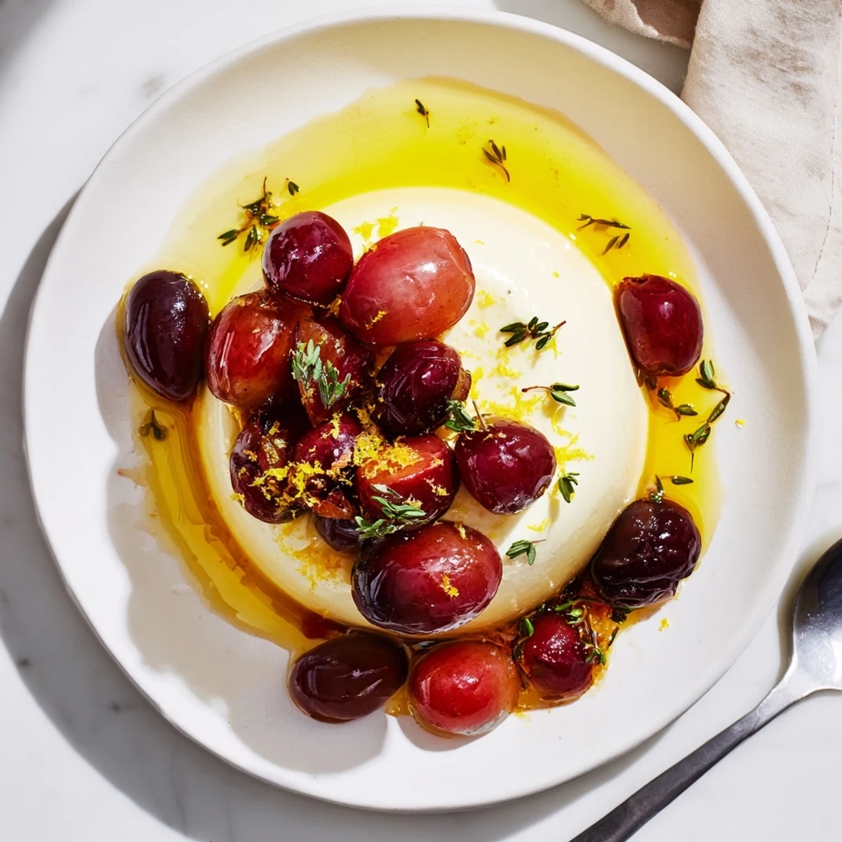Silky lemon panna cotta dessert topped with roasted and fresh grapes