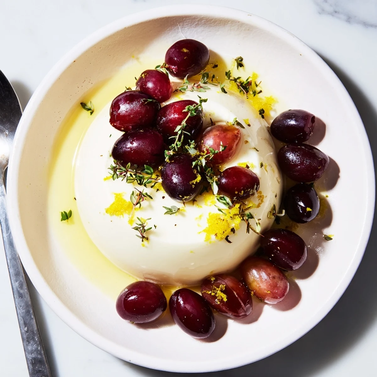 Elegant lemon panna cotta served with vibrant grape halves and roasted grapes
