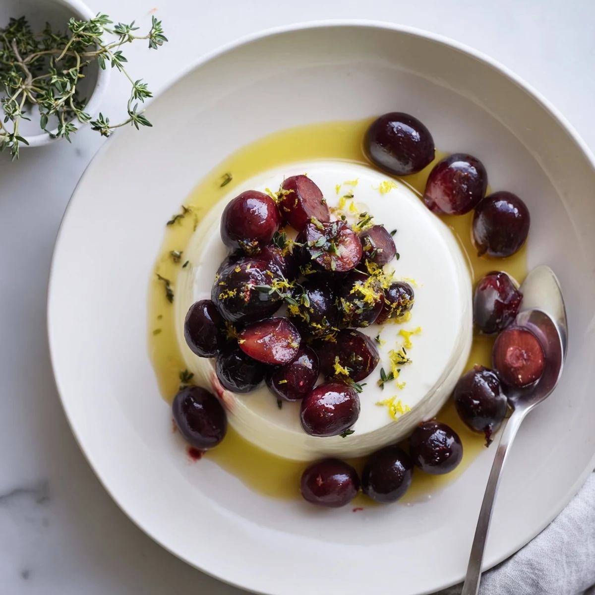 Creamy Italian lemon panna cotta garnished with sweet caramelized roasted grapes