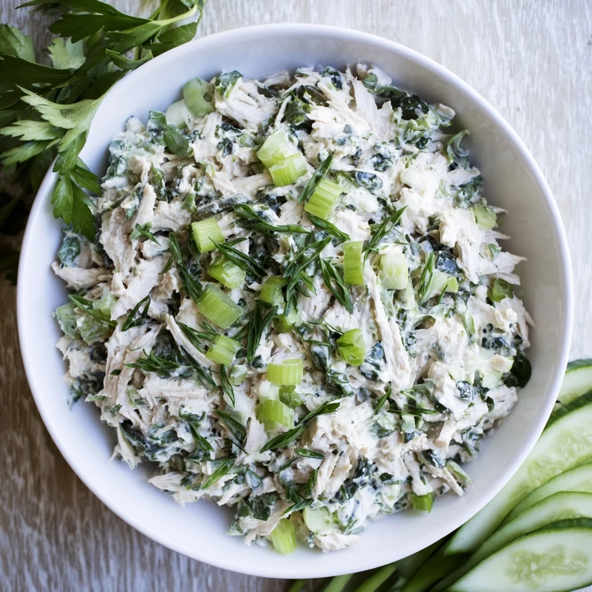 Chunky green goddess chicken salad dip with tender chicken and vibrant herbs served with crispy crackers and fresh veggies