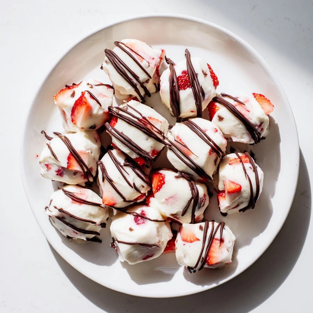 White chocolate drizzled strawberry yogurt protein bites with fresh fruit pieces for easy breakfast