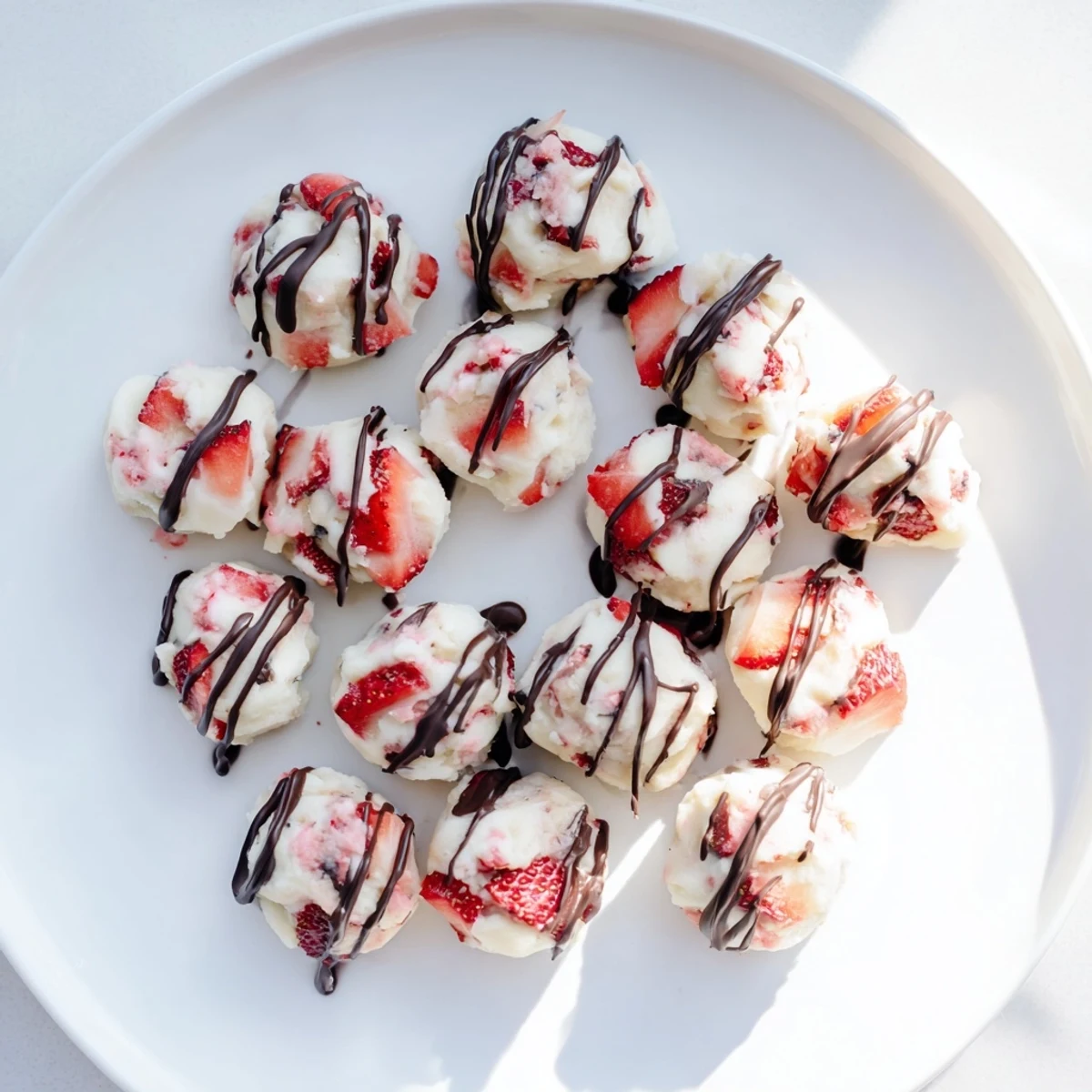 Frozen strawberry high protein yogurt bites arranged on baking sheet ready for healthy snacking