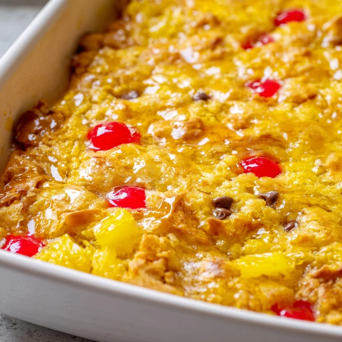 Golden banana split dump cake topped with whipped cream, nuts, and cherry