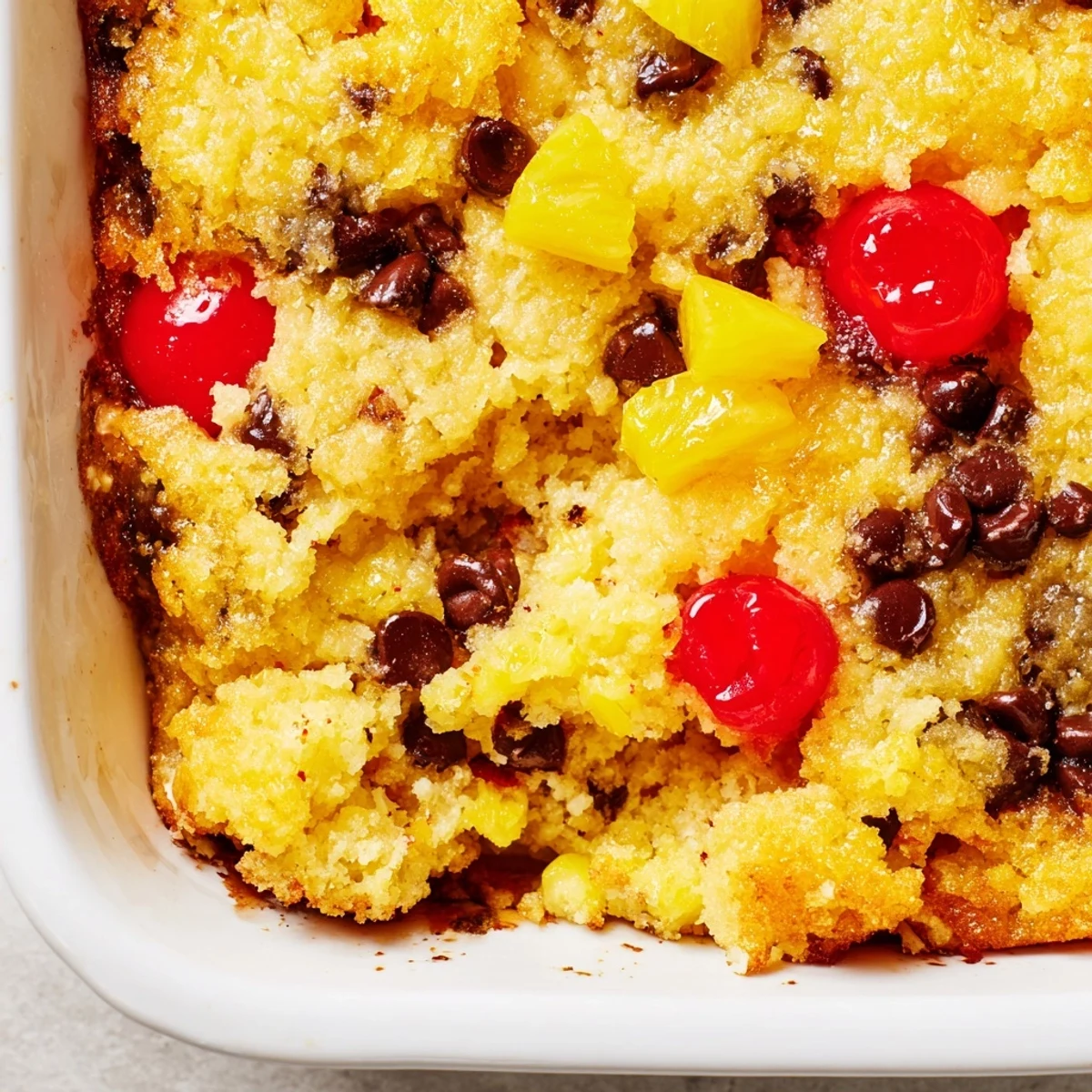 Warm baked dessert with bananas, pineapple, and cherries oozing beneath golden crust