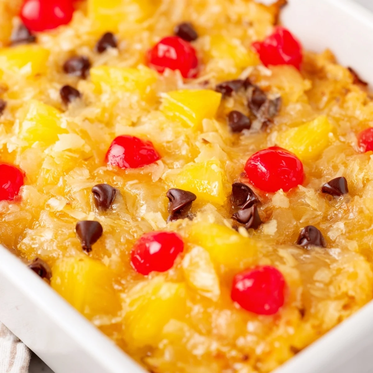 Bubbling fruit layer beneath buttery yellow cake mix with melted chocolate chips