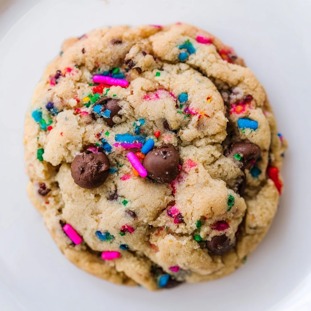 Soft baked chocolate chip sprinkle cookies with colorful rainbow bits on a white plate