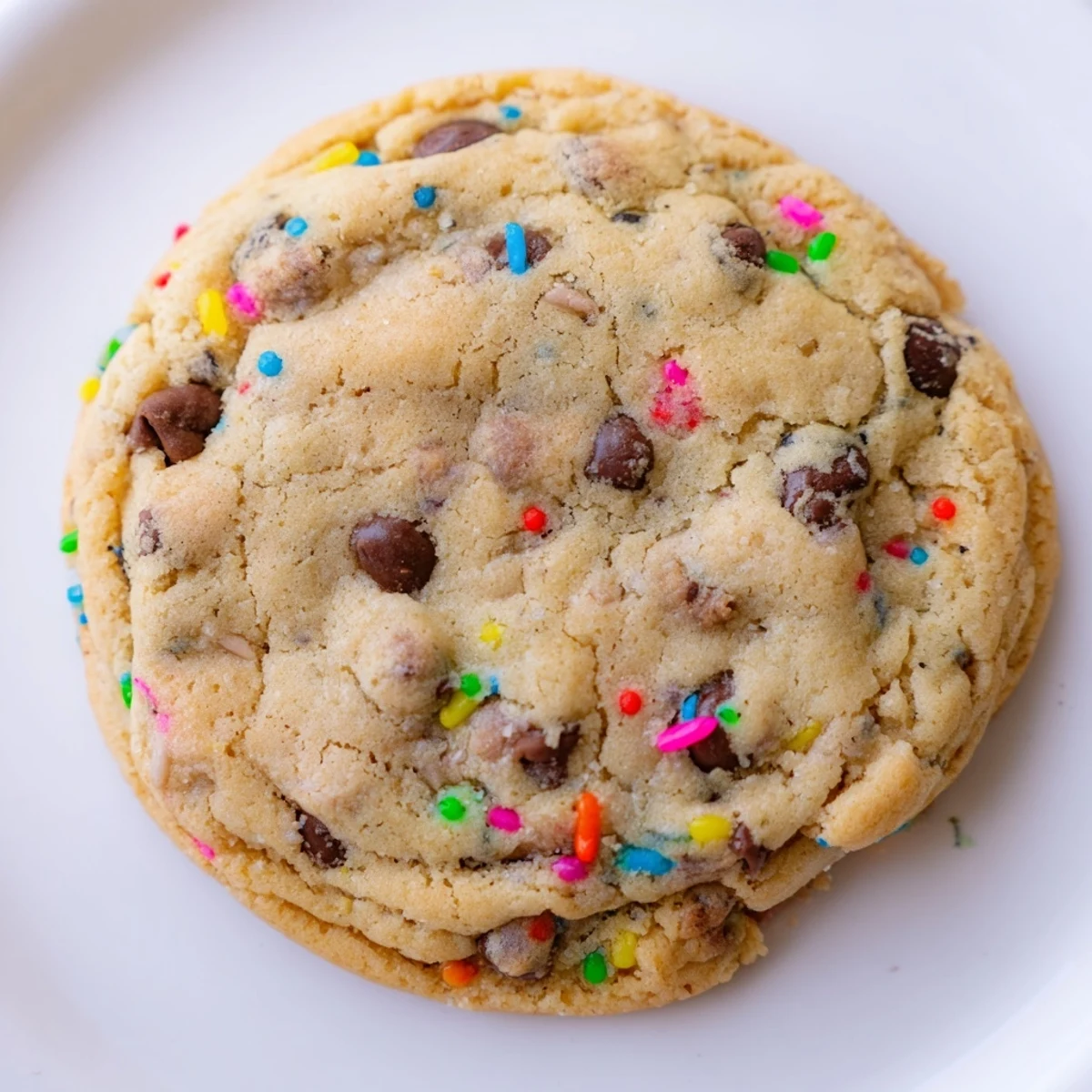 Golden chocolate chip sprinkle cookies stacked together showing their soft textured interior and edges