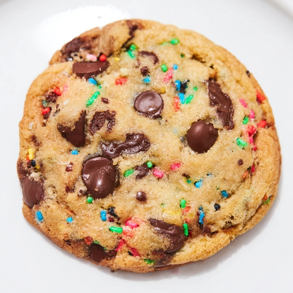 Chewy homemade chocolate chip sprinkle cookies loaded with melted chips and festive confetti sprinkles