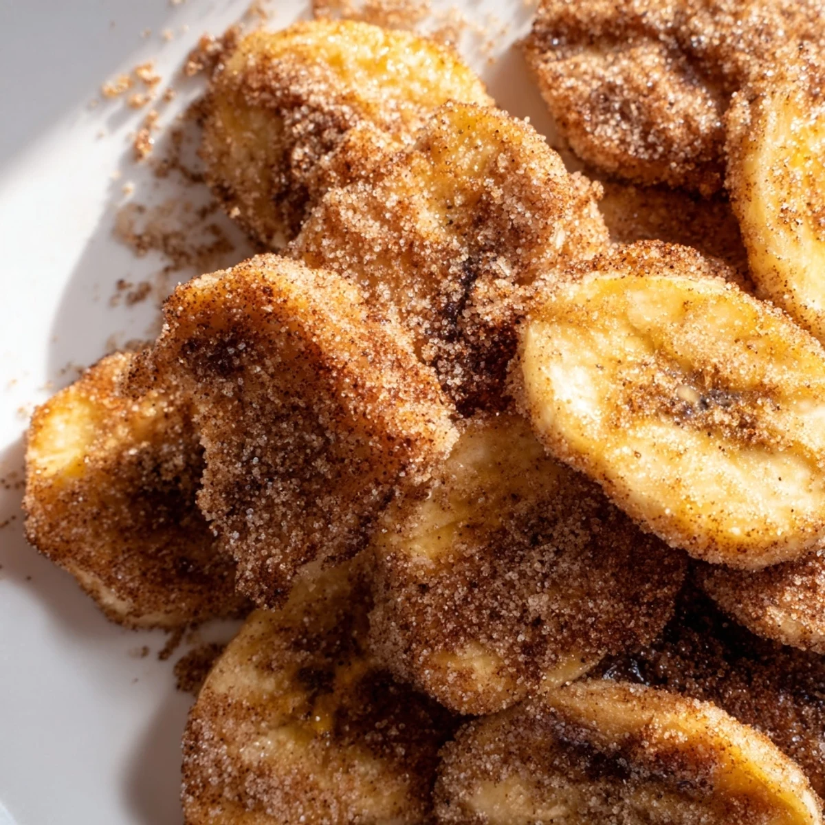 Golden cinnamon sugar air fryer banana chips arranged on a white serving plate