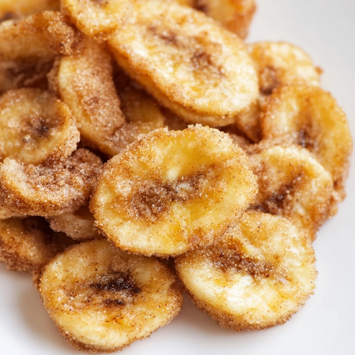 Crispy baked banana slices coated with warm cinnamon sugar cooling on wire rack