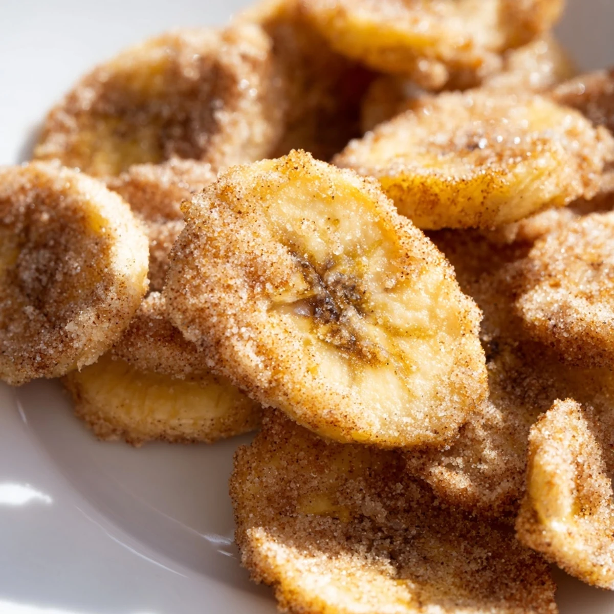 Homemade air fryer banana chips sprinkled with sweet cinnamon sugar for healthy snacking