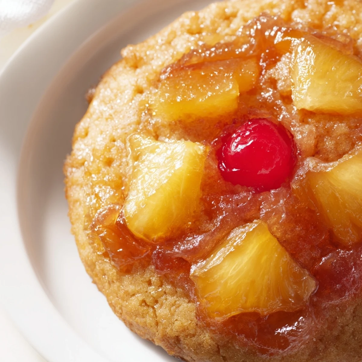 Golden pineapple upside down sugar cookies with caramelized fruit and bright red cherries on top