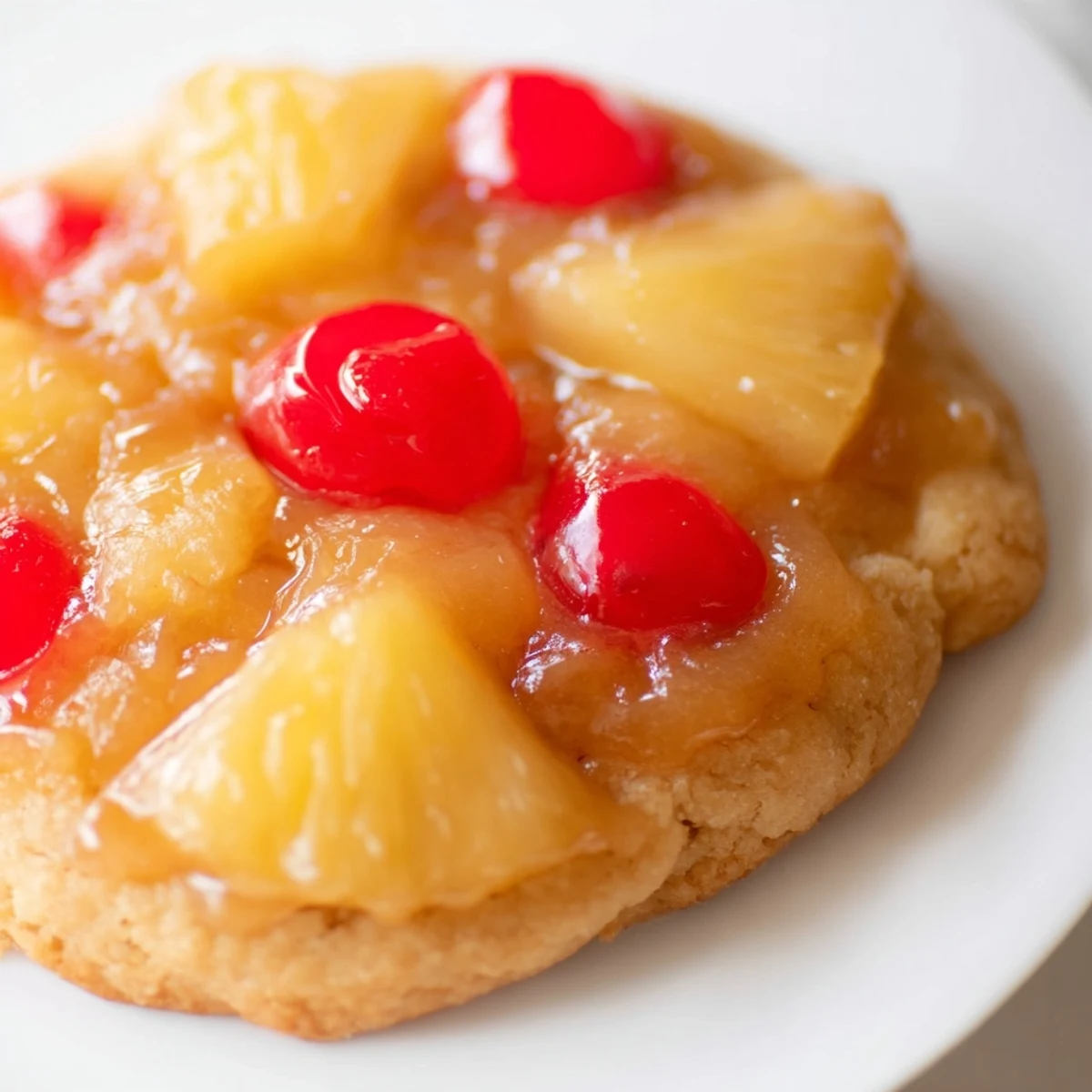 Homemade pineapple upside down sugar cookies arranged on a wire rack with cherry and pineapple toppings