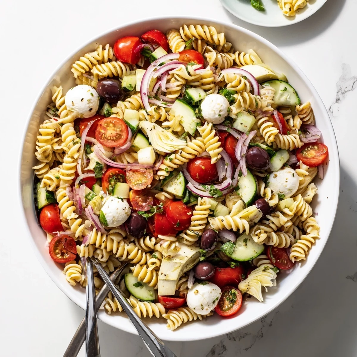Colorful Italian vegetarian pasta salad loaded with fresh cherry tomatoes, cucumber, and mozzarella in a serving bowl