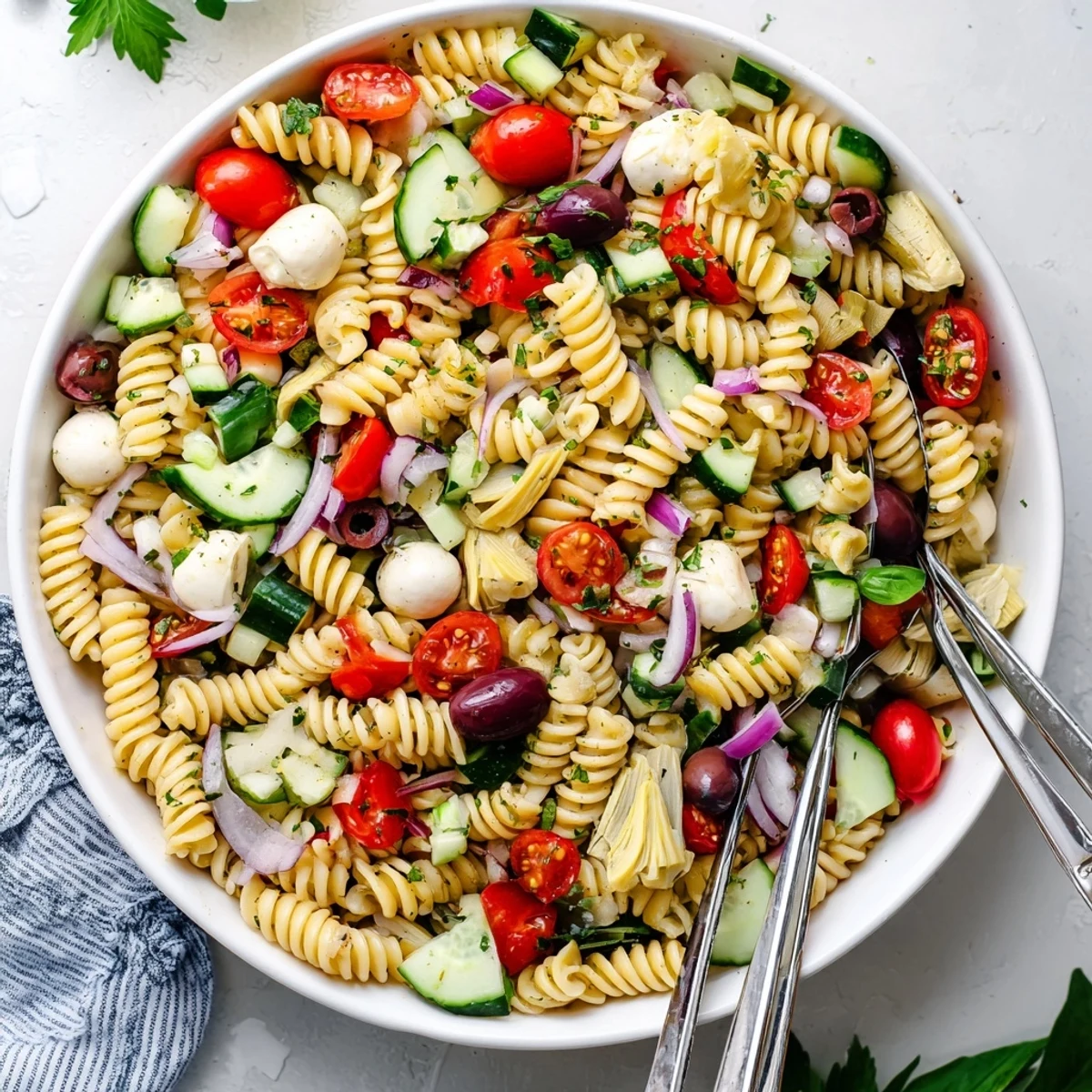 Cold Italian vegetarian pasta salad with artichoke hearts and fresh herbs ready for a summer picnic