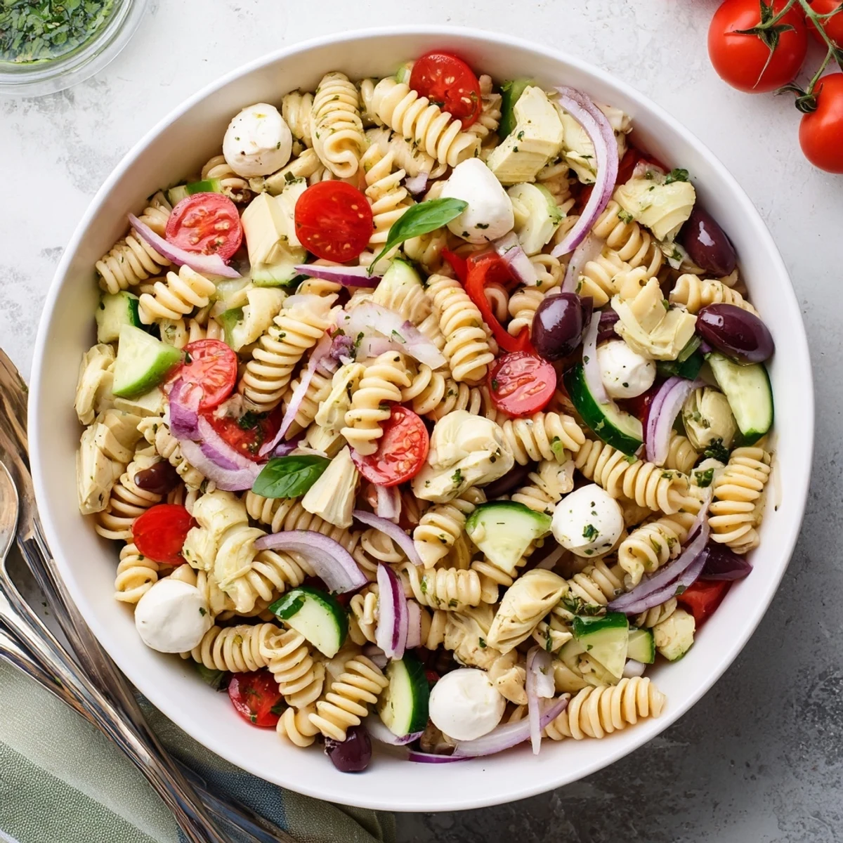 Mediterranean-style pasta salad featuring rotini, bell peppers, olives, and basil tossed in zesty Italian dressing
