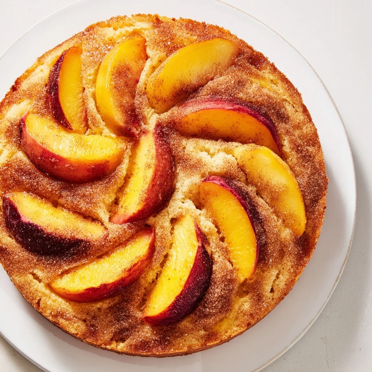 Golden summer peach cake with cinnamon-dusted peach slices arranged on top