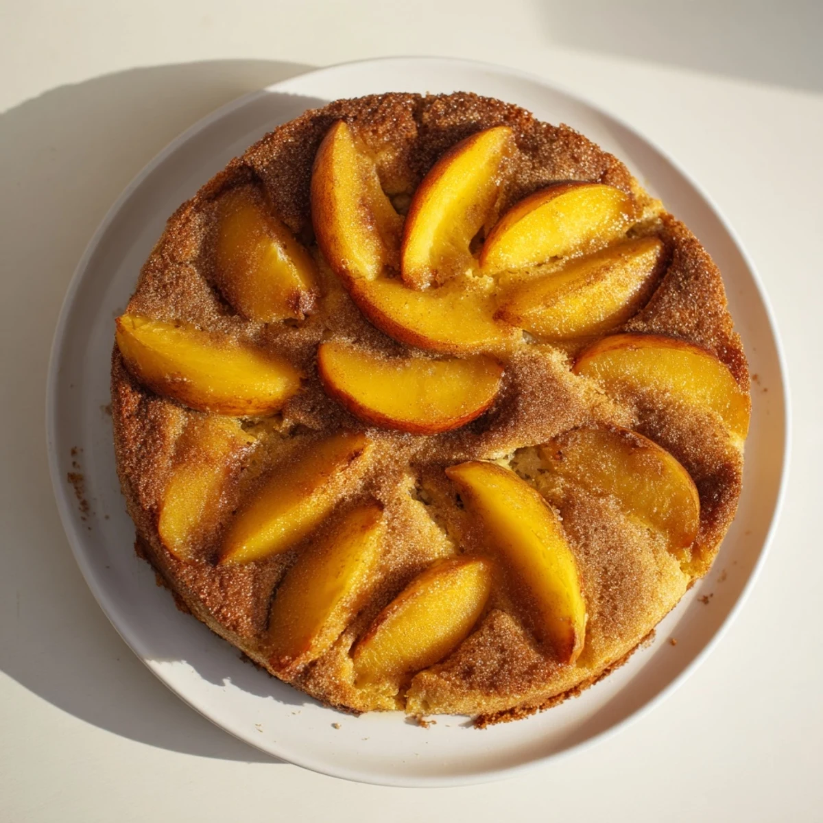 Fresh peach cake bursting with juicy fruit and golden cinnamon sugar topping