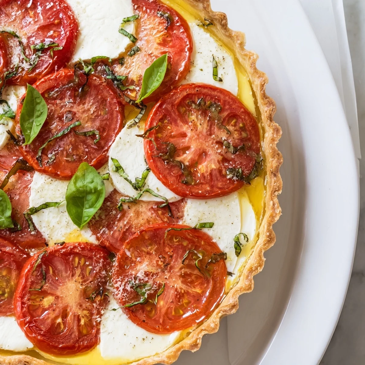 Golden savory tomato basil tart featuring layered mozzarella and ripe tomato slices on flaky puff pastry