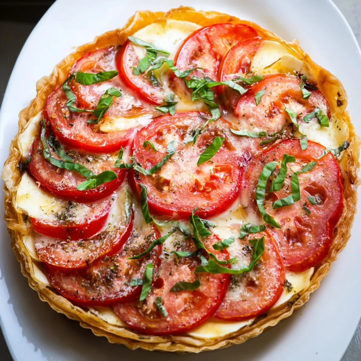 Savory tomato basil tart served warm with creamy custard filling and golden baked crust