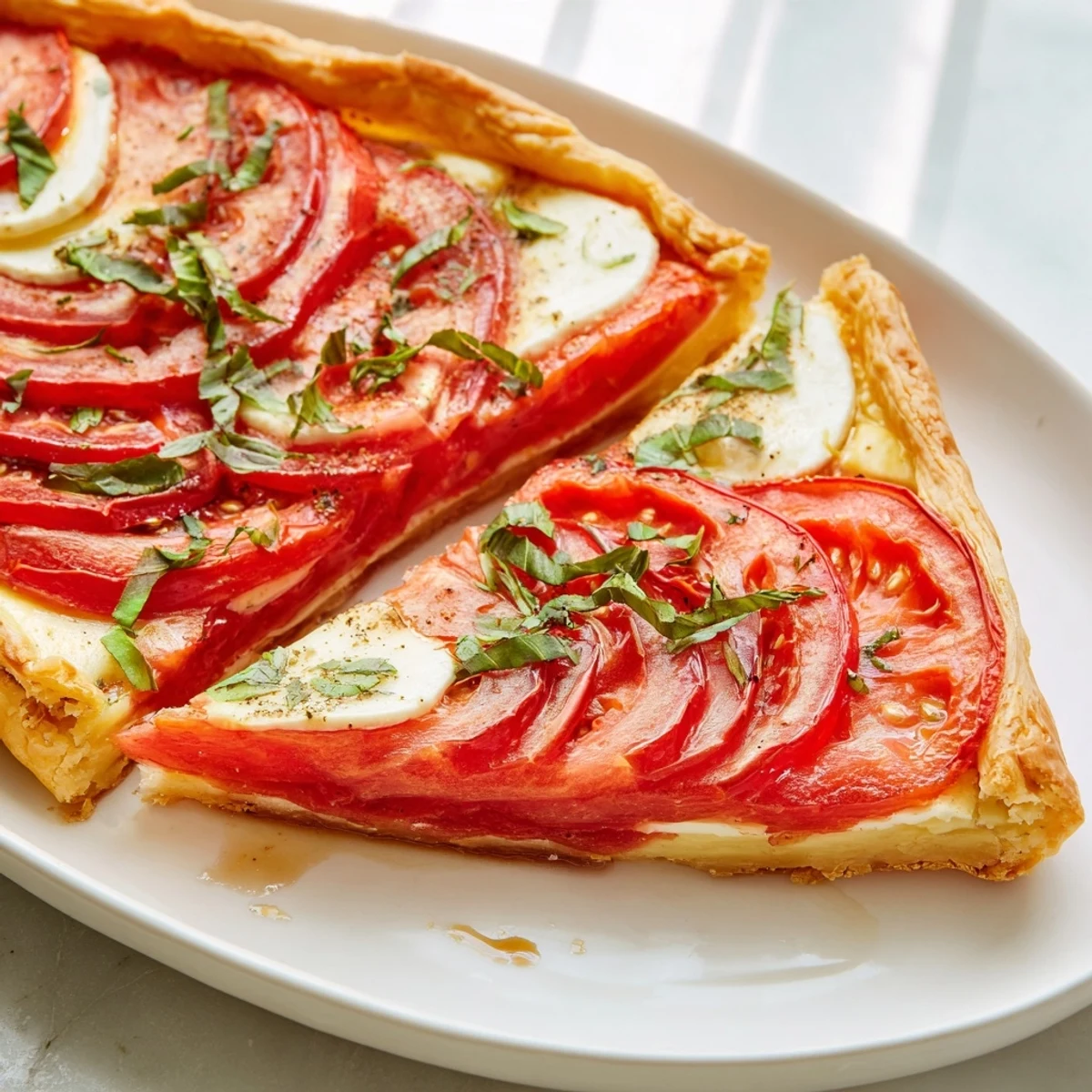 Rustic French-style savory tomato basil tart garnished with fresh basil and melted Parmesan cheese