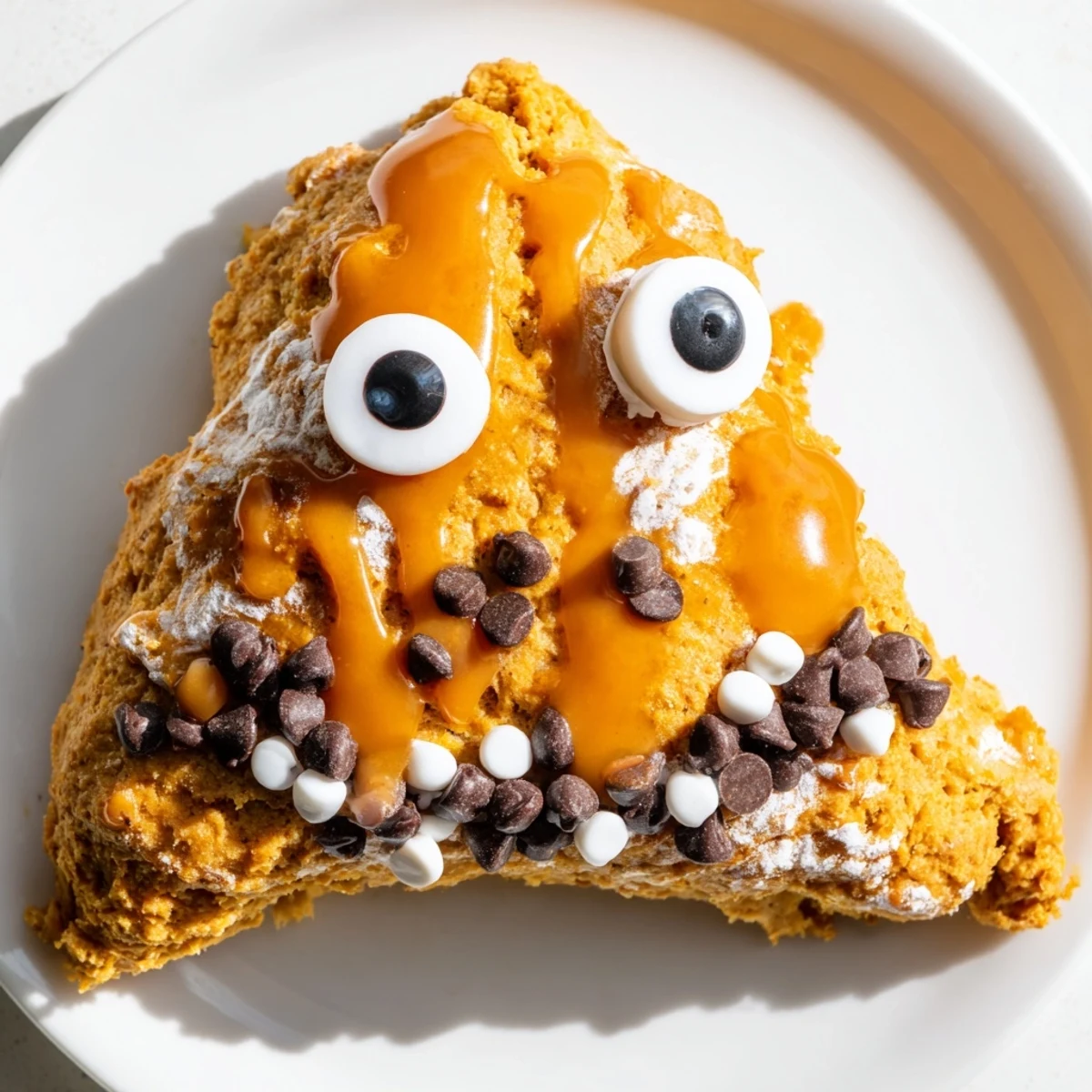 Spiced monster face pumpkin scones with candy eyes and vibrant orange glaze close-up