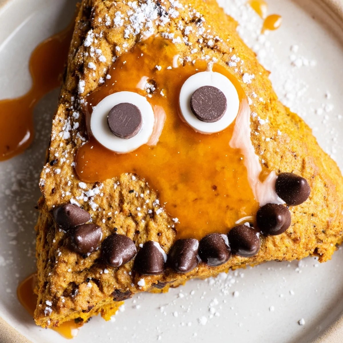 Golden pumpkin scones decorated with colorful monster faces on a rustic wooden board