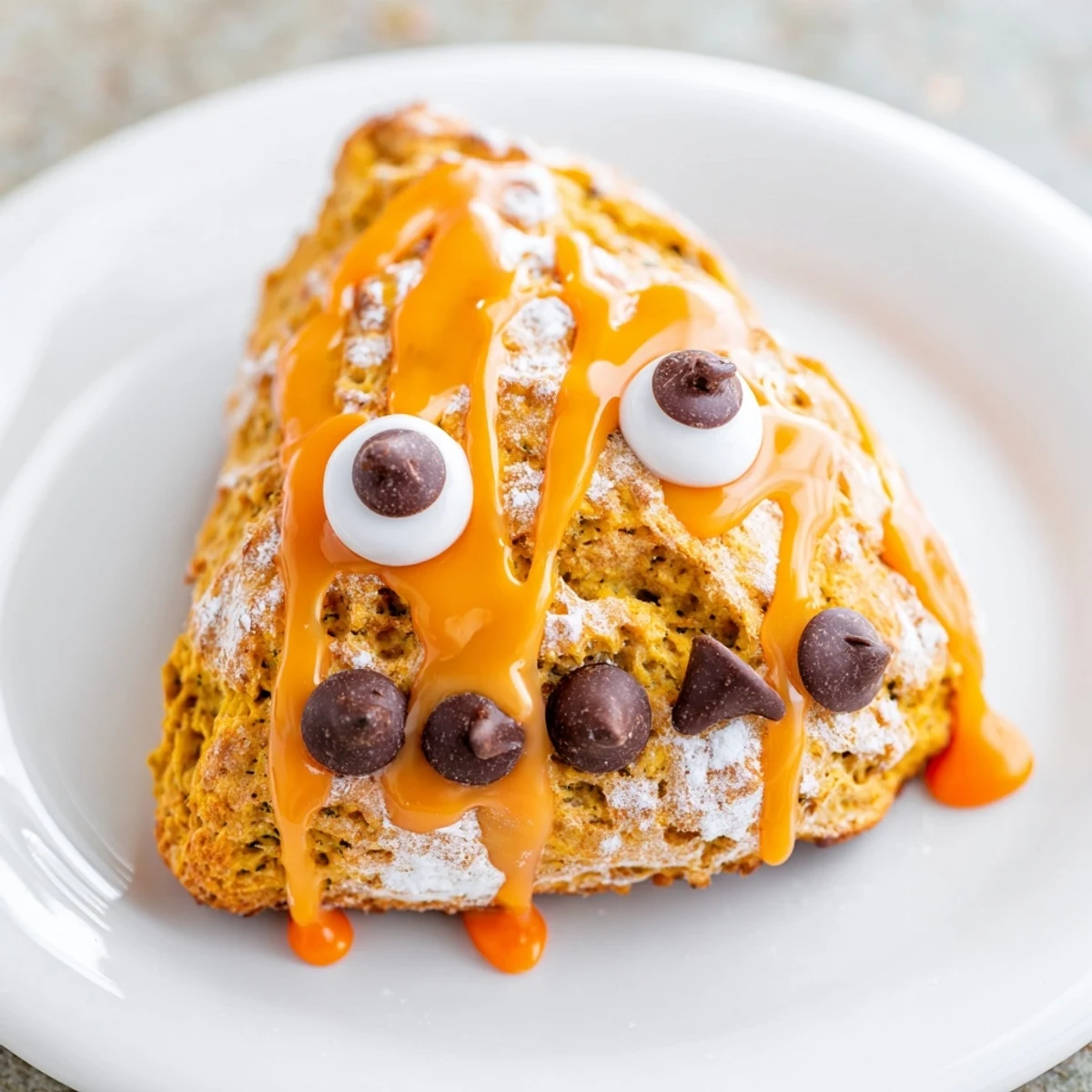 Halloween pumpkin scones topped with playful monster expressions and colorful icing drizzles