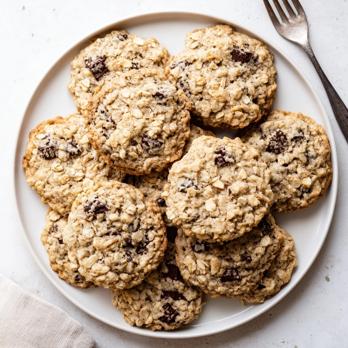 Golden brown oatmeal chocolate chip cookies fresh from the oven with melted chocolate chunks