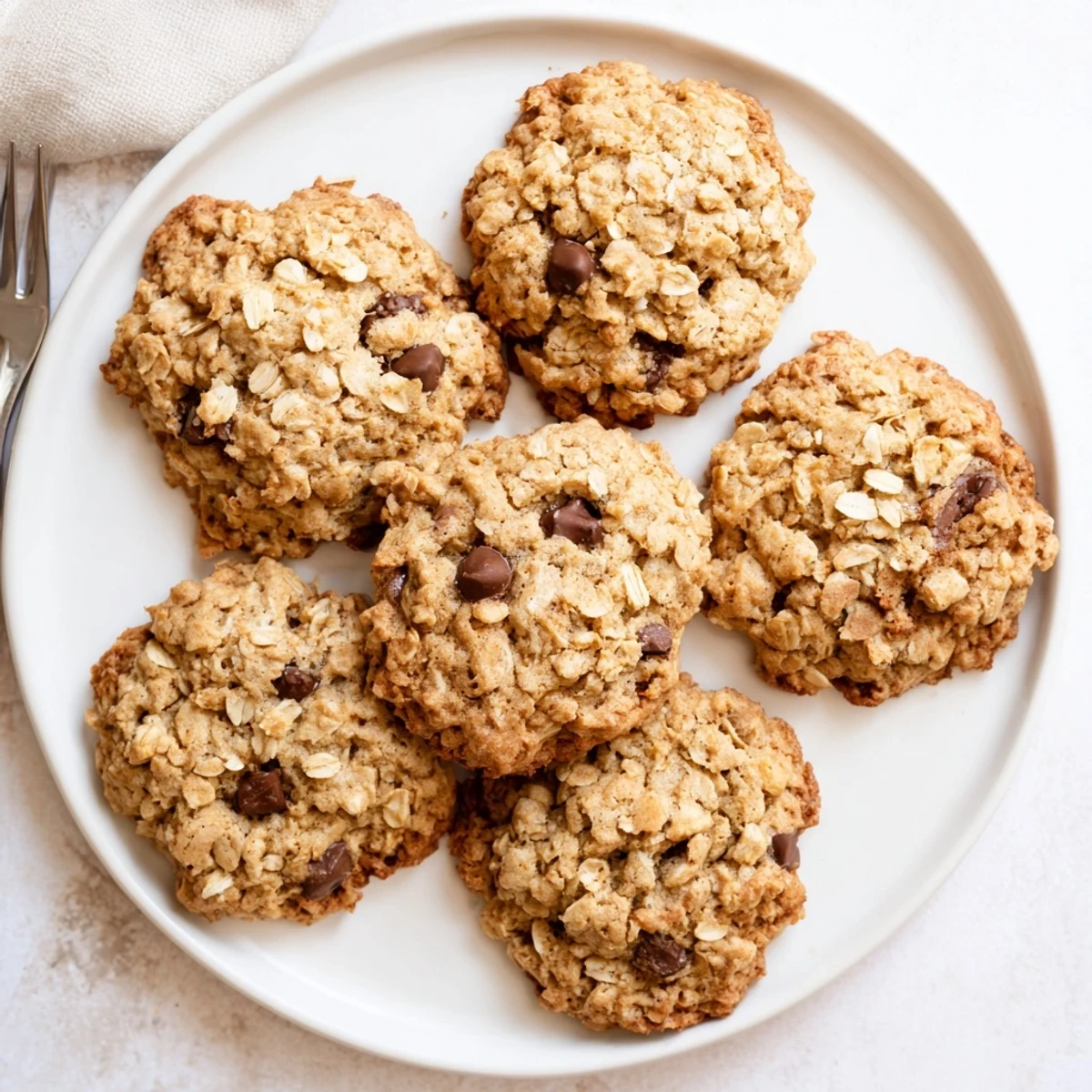 Chewy homemade oatmeal chocolate chip cookies stacked on a white serving plate