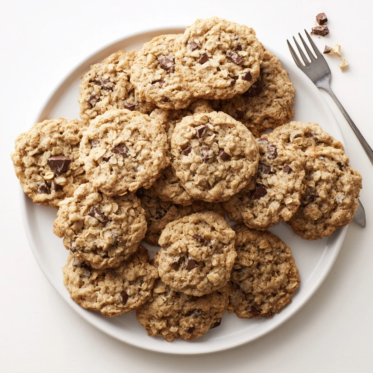 Warm oatmeal chocolate chip cookies on a cooling rack with gooey chocolate centers