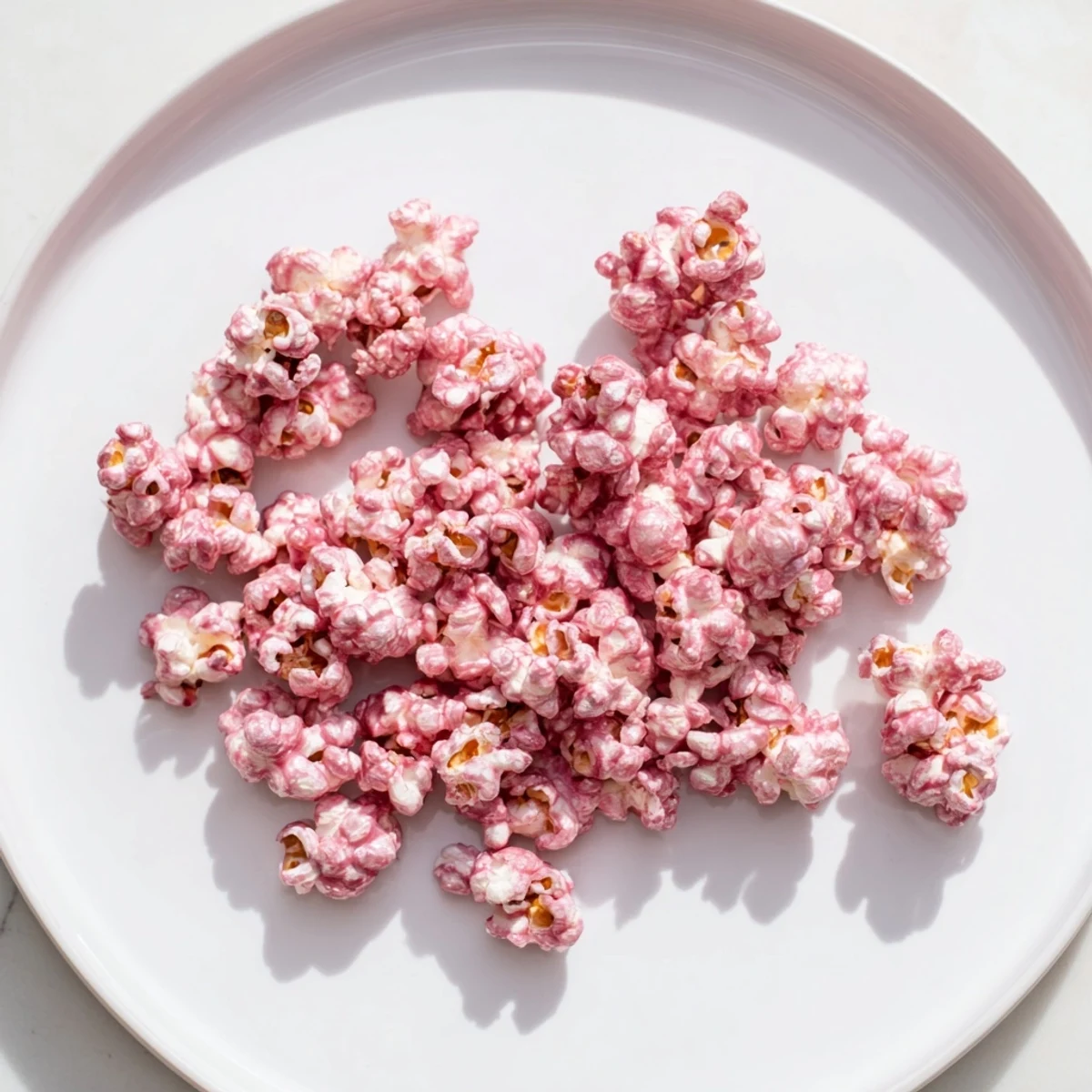 Golden pink popcorn scattered on white marble surface with glossy vanilla candy coating