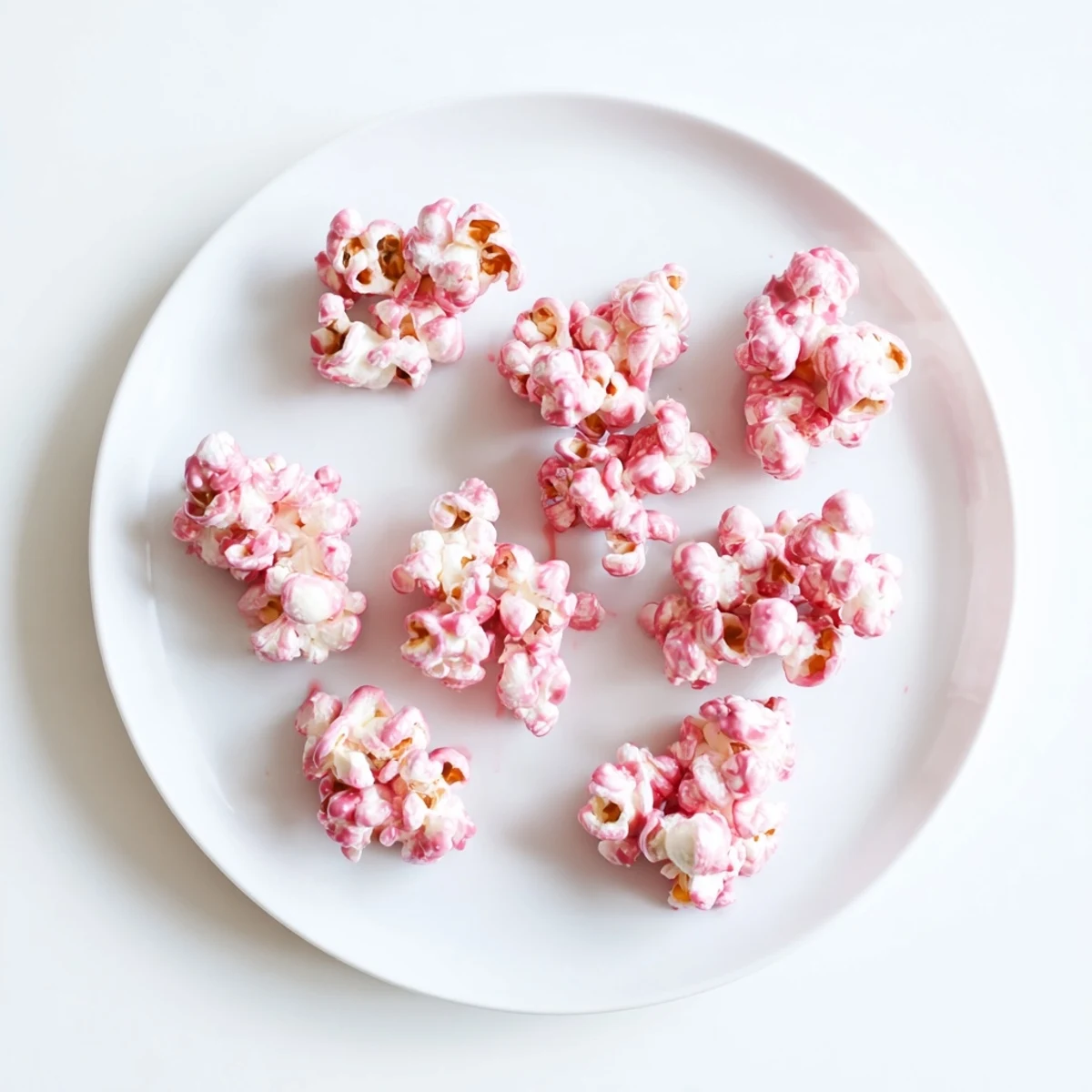 Handful of sweet pink popcorn held aloft showing rosy glaze and fluffy kernels