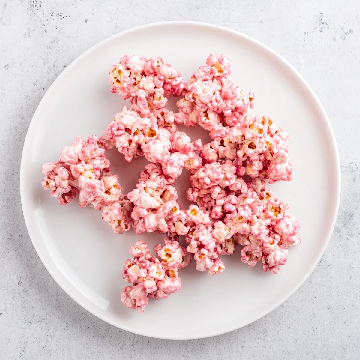 Pink popcorn in rustic white bowl with red candy glaze coating golden puffs