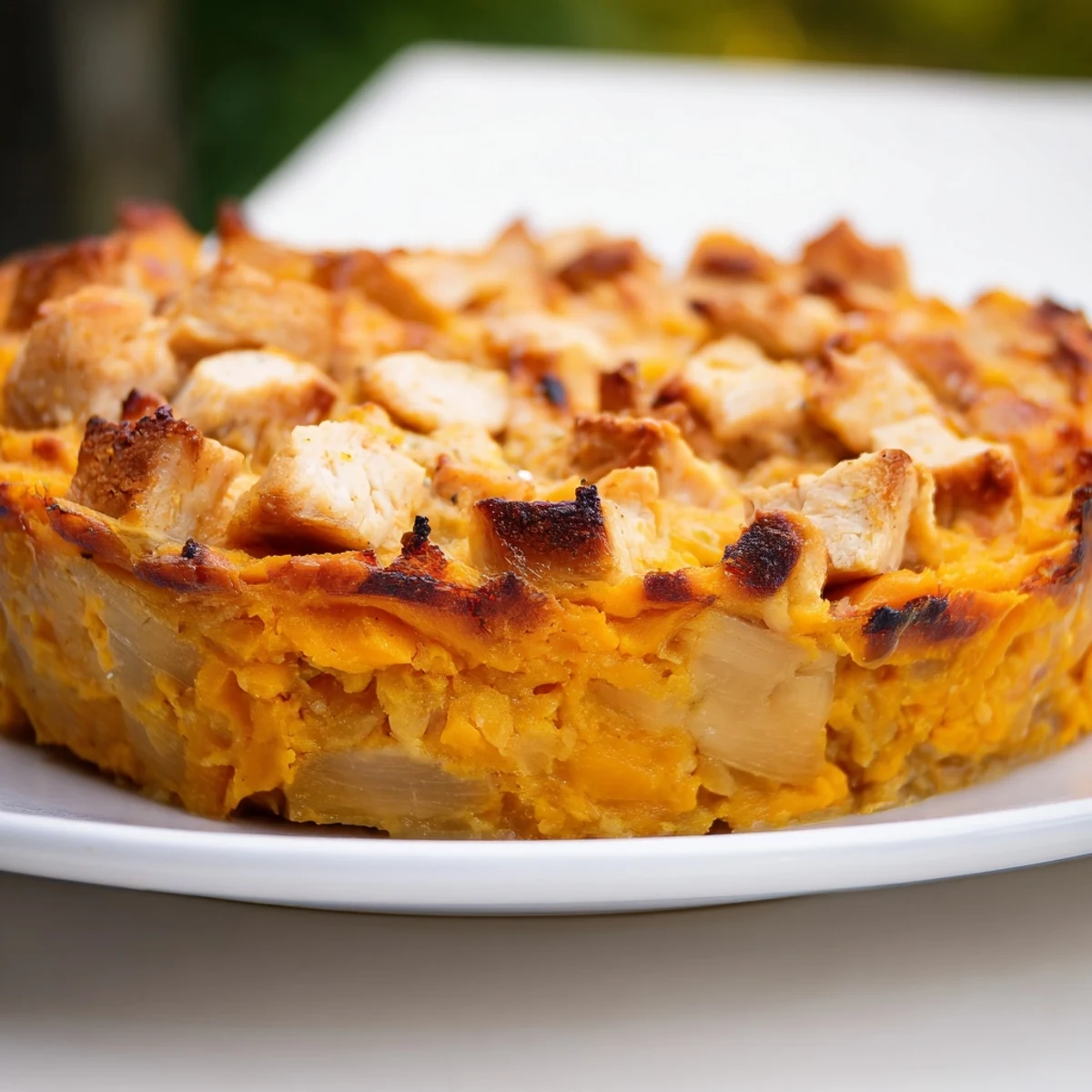 Golden sweet potato chicken pie with vibrant tomato olive salsa topping