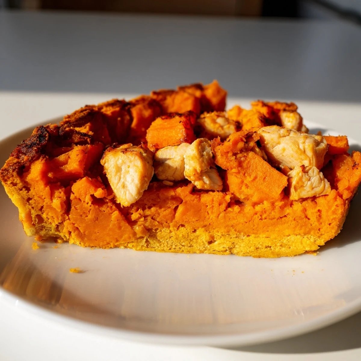 Savory chicken and sweet potato pie slices served with fresh tomato olive salsa