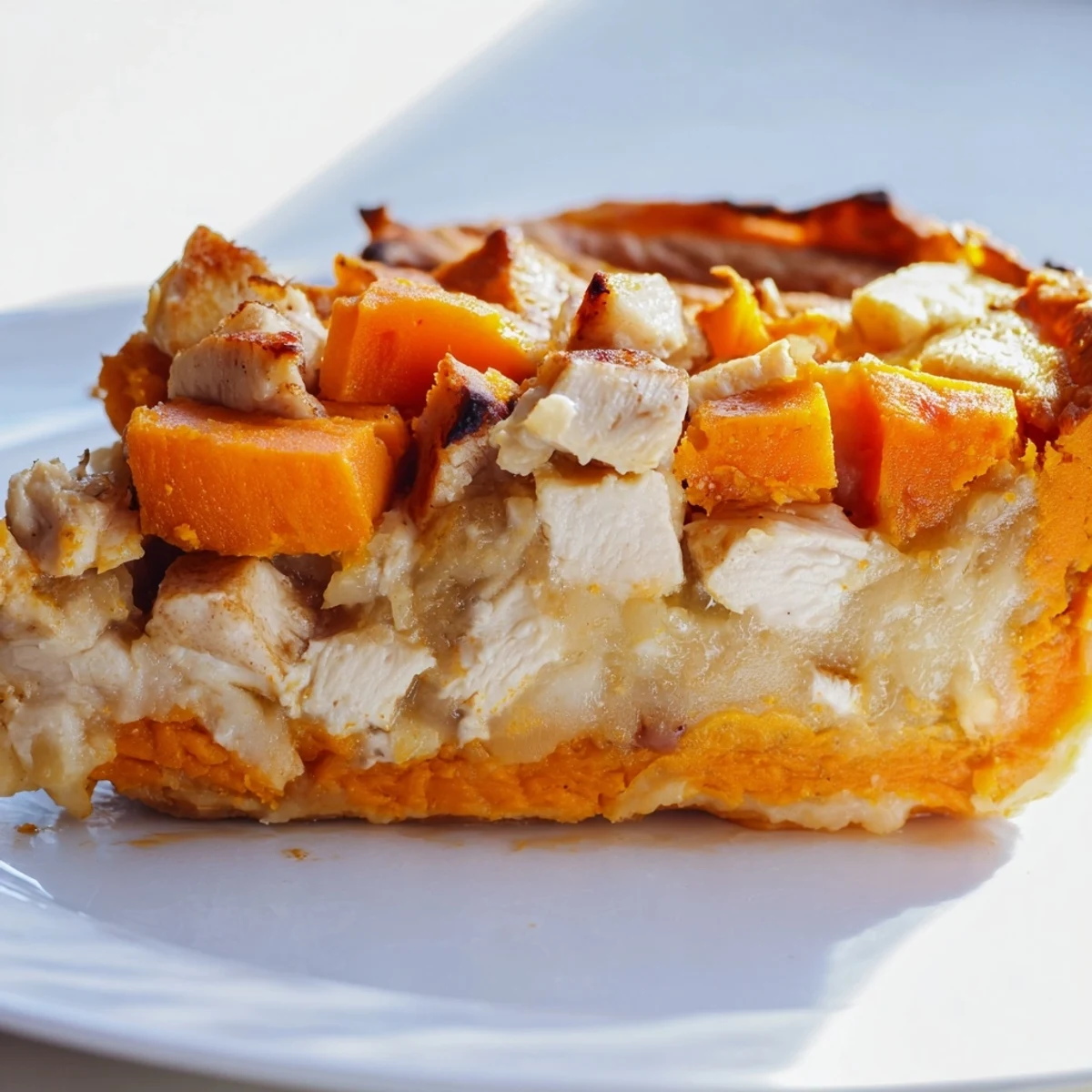 Mediterranean-style sweet potato chicken pie with tangy tomato olive salsa garnish