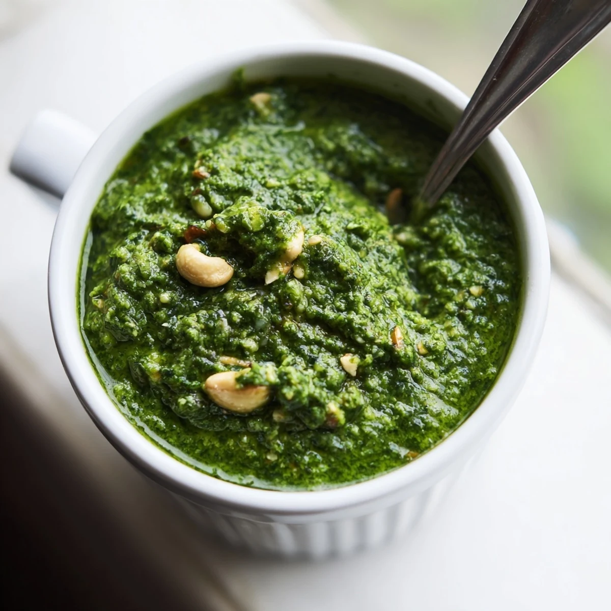Vibrant Thai basil pesto featuring bright green herbs and roasted cashews in a glass jar