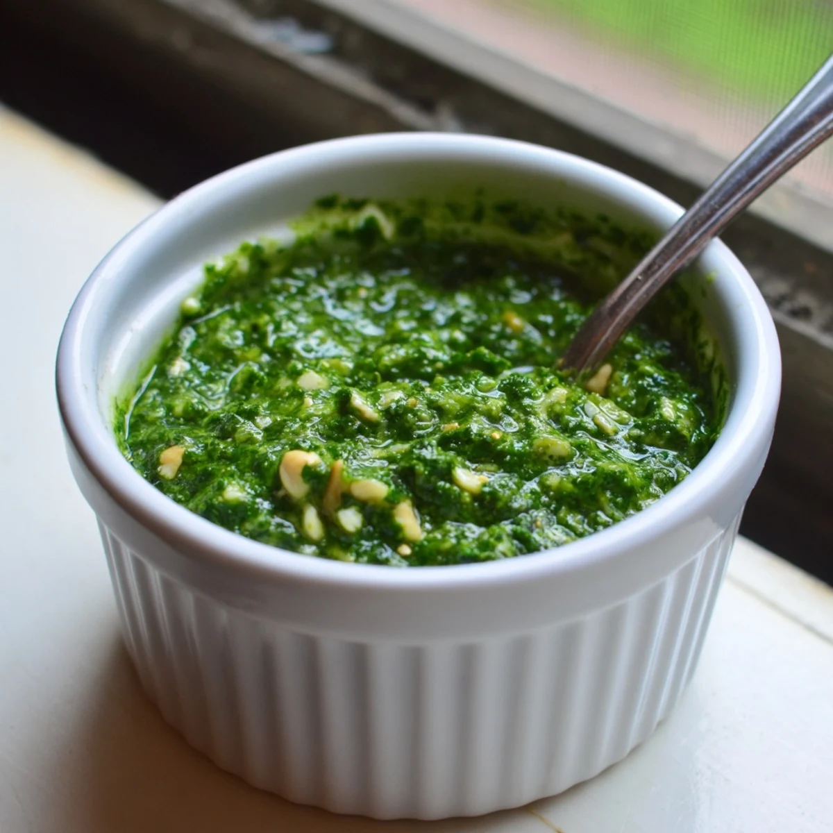 Creamy Thai basil pesto drizzled over rice noodles with fresh cilantro and lime garnish