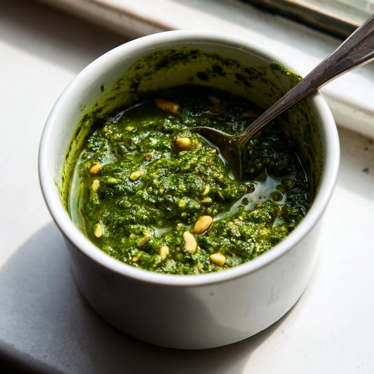 Close-up of aromatic Thai basil pesto with chopped cashews and green chili specks visible