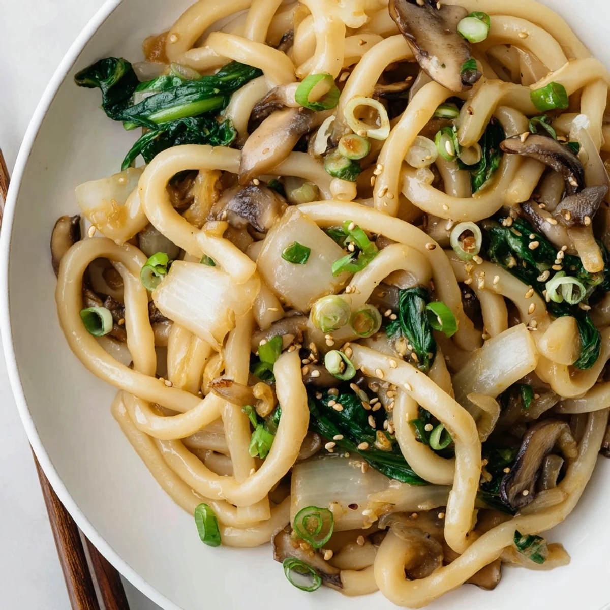 Creamy miso udon noodles coated in rich savory sauce with tender shiitake mushrooms and fresh wilted spinach