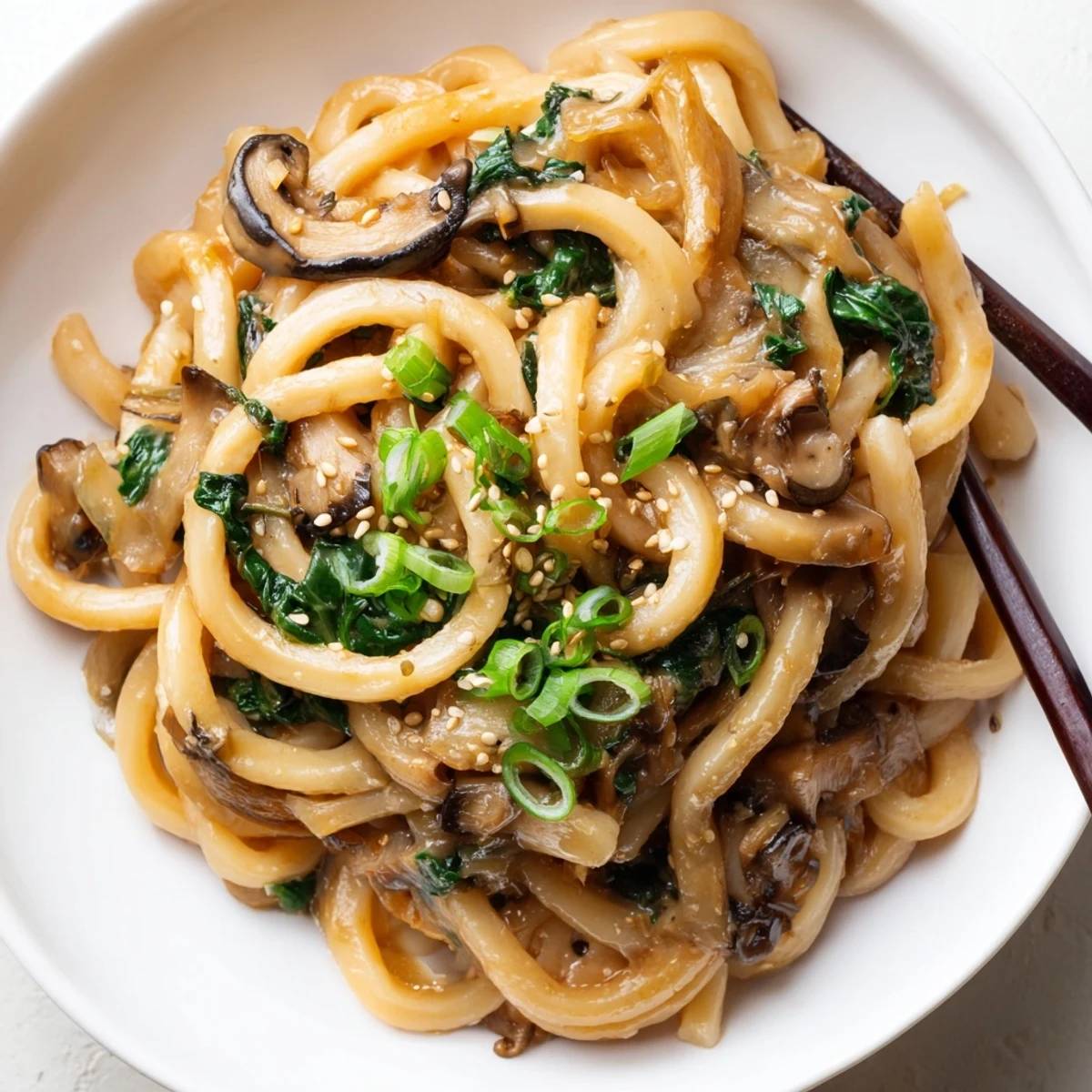 Japanese-inspired creamy miso udon noodles tossed with vegetables in umami-packed cream sauce ready for comforting dinner