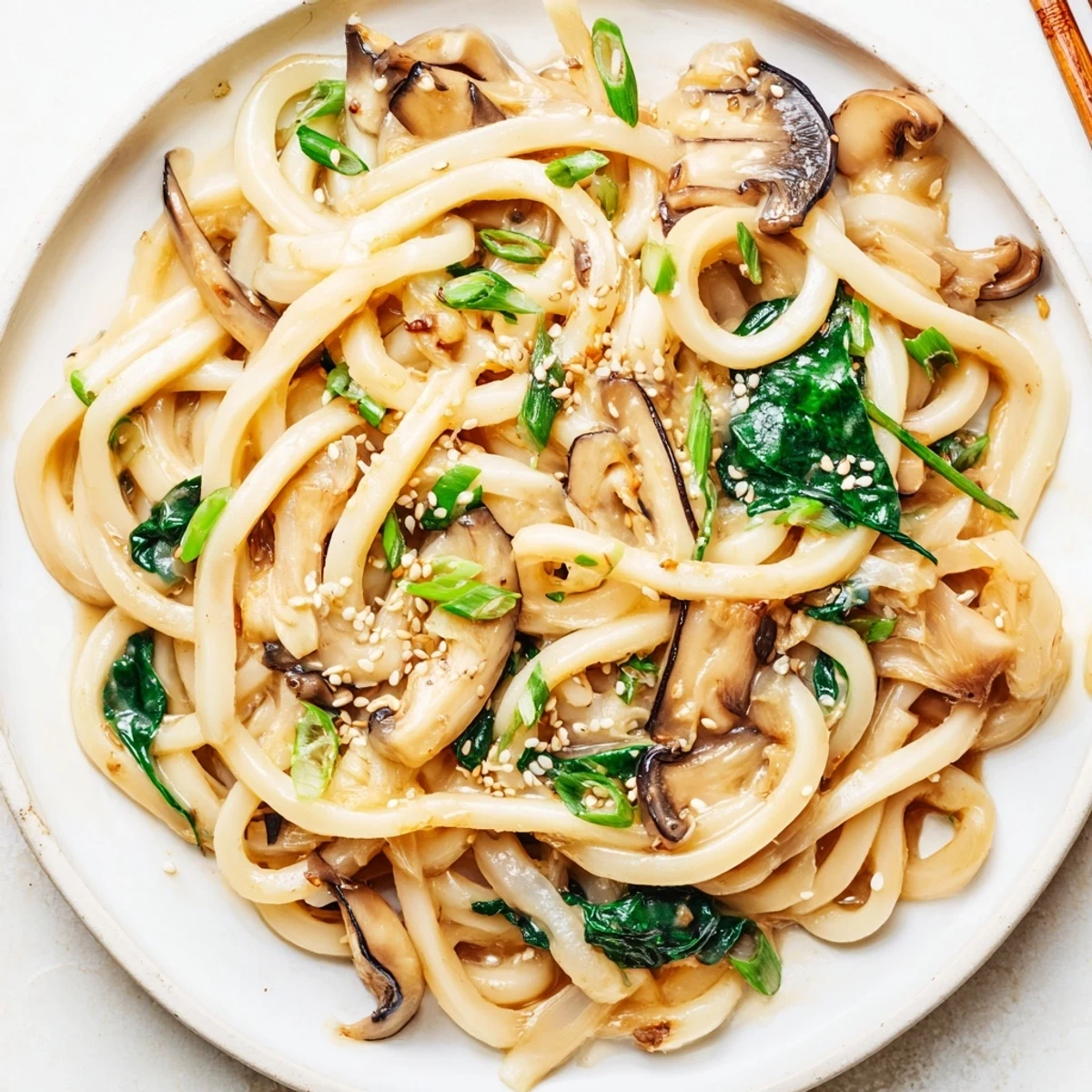 Garnished bowl of creamy miso udon featuring green onions sesame seeds and chili flakes atop velvety white sauce