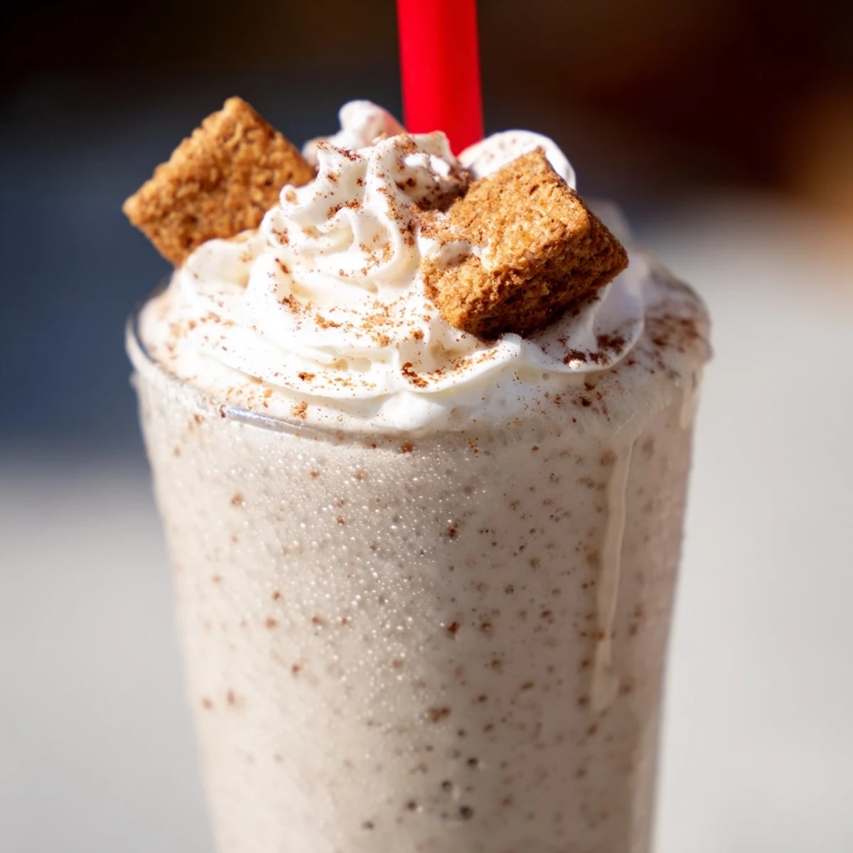 Frosty glass of Cinnamon Toast Crunch frappe topped with whipped cream and cereal pieces