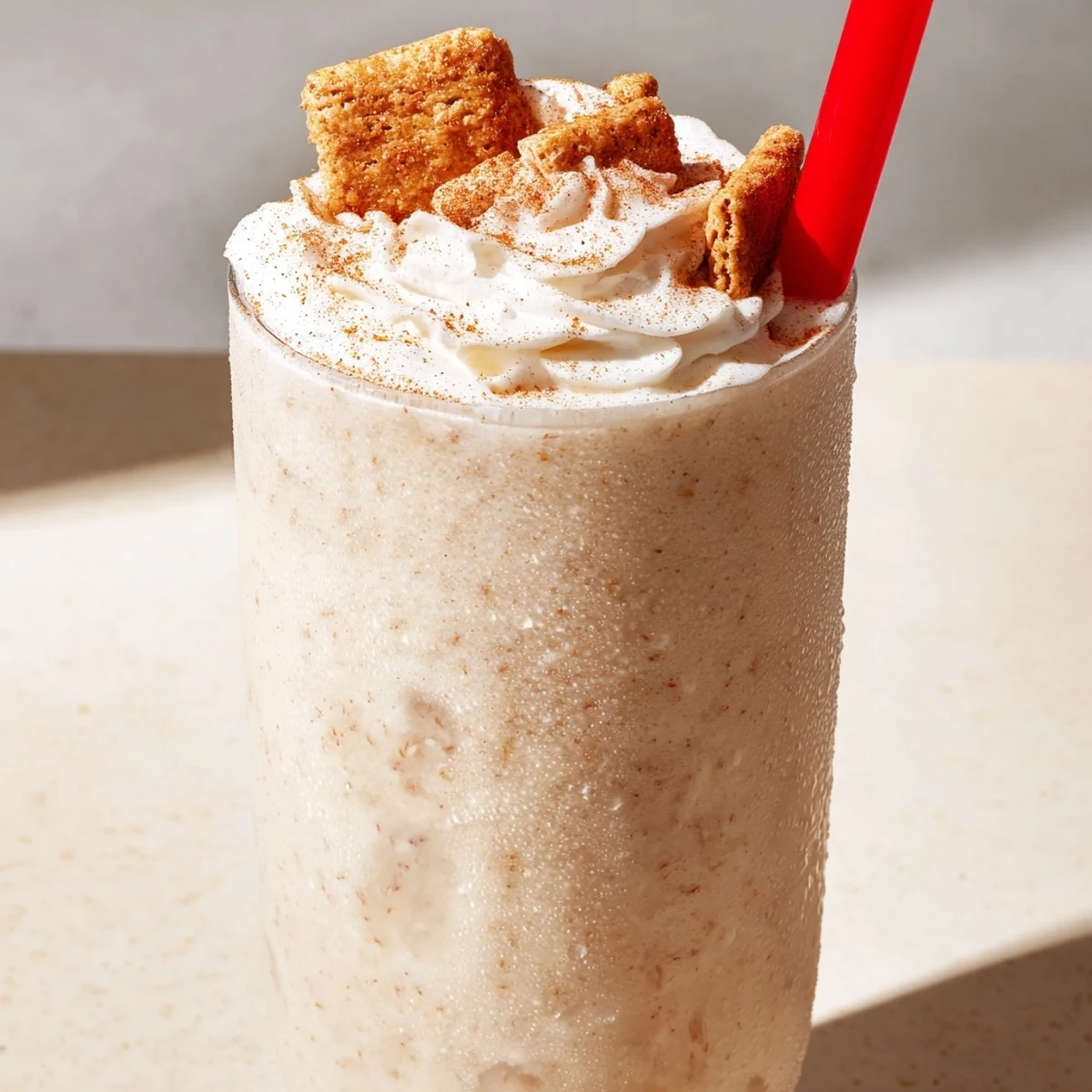 Creamy blended Cinnamon Toast Crunch frappe with coffee, cinnamon dust, and tall glass presentation